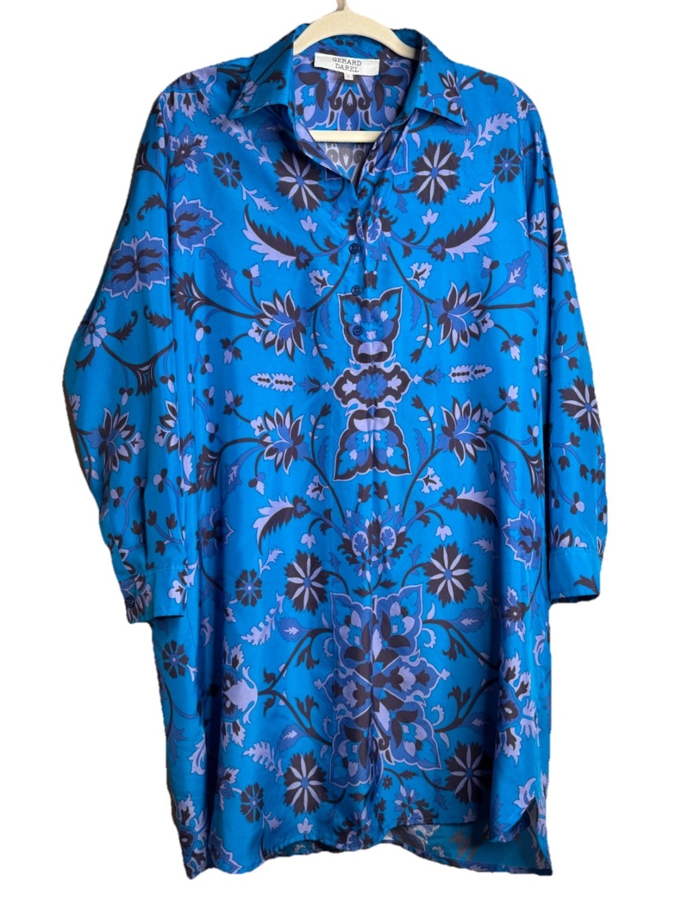 Gerard Darel Silk Dress Blue Floral Pockets Henley Dress Size 1 US 4-6 I13